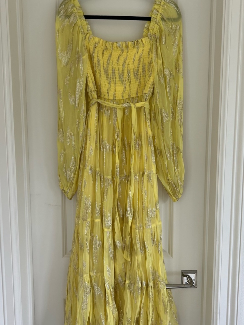 Yellow Smocked Waist Long Sleeve Maxi Dress